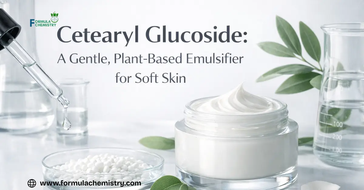 Cetearyl Glucoside skincare banner featuring a creamy moisturizer jar, plant leaves, white emulsifier pellets in a petri dish, and laboratory glassware on a clean white background, highlighting a gentle, plant-based emulsifier for soft skin