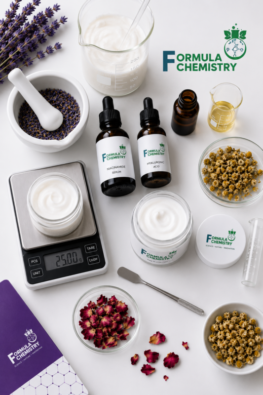 Cosmetic formulation workshop workspace with Formula Chemistry skincare ingredients and tools